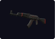 Karabin szturmowy w czarno-czerwonym wykończeniu, w stanie z minimalnymi śladami użytkowania, przedstawiony na ciemnym tle.