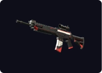 Karabin taktyczny o ciemnej obudowie z czerwonymi akcentami, utrzymany w stylu nowoczesnej walki.