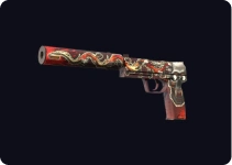 Pistolet z tłumikiem, ozdobiony szczegółowymi grawerami i dekoracyjnym wzorem w ciemnoczerwonym kolorze.