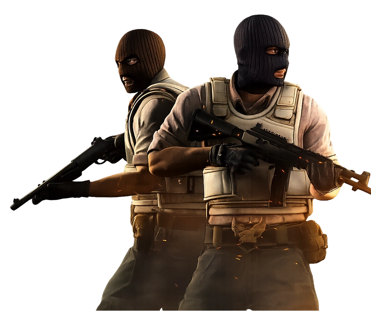 Dwóch zamaskowanych żołnierzy stojących plecami do siebie, trzymających broń, gotowych do walki w dramatycznej, dynamicznej pozie.