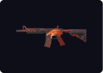 Karabin szturmowy o wyrazistym wzorze w czerwono-czarne barwy z motywem wilka oraz agresywnymi elementami graficznymi.