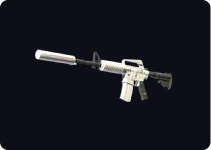 Nowoczesny karabin o minimalistycznej, czarno-białej stylistyce z zamontowanym tłumikiem na ciemnym tle.