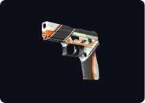 Kompaktowy pistolet o futurystycznym wyglądzie w kolorach białym i pomarańczowym oraz z ergonomiczną rękojeścią.